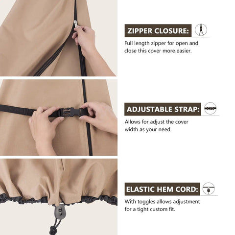 Detailed image of Heavy Duty 600D Patio Parasol Cover For Offset Banana Cantilever Umbrellas 7.5 To 11.5 Feet featuring zipper, adjustable strap, and elastic hem cord with toggle for secure fit.