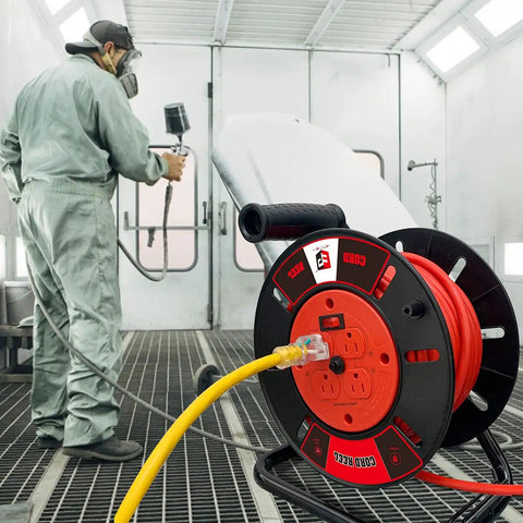 Portable Extension Cord Storage Reel On The Go With Four Grounded Outlets For 12/3 14/3 16/3 Power Cords Tangle Free Heavy Duty
