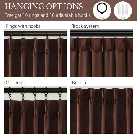 Luxury Velvet Blackout Curtains 96 Inches Long In Brown Tan Terracotta With Pinch Pleat Design showing four hanging options.