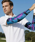 Chill Out Ice Silk Arm Sleeves Delivering Butter Smooth Compression And Ultimate Sun Shield Protection Stretchy Sleeve Guards For Running Golf and Weekend Vibes worn by a man during a golf swing.
