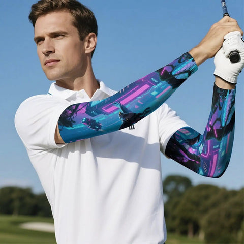 Chill Out Ice Silk Arm Sleeves Delivering Butter Smooth Compression And Ultimate Sun Shield Protection Stretchy Sleeve Guards For Running Golf and Weekend Vibes worn by a man during a golf swing.