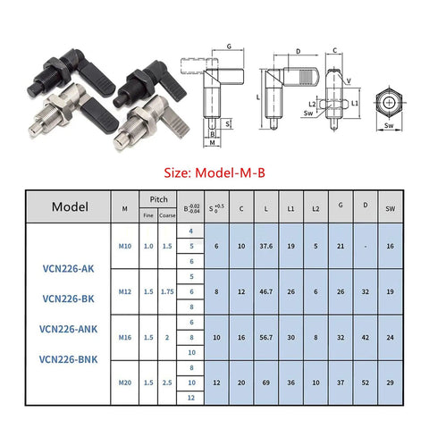 Top Grade Telescopic Spring Indexing Pin With L Handle Self Locking Knob Plunger crafted from heavy duty stainless steel, Model-M-B with specifications.