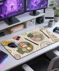Japanese Ramen Themed XXL Gaming Mouse Pad 31.5 By 15.7 Inches With Illustrated Food Pattern on a desk setup with monitors