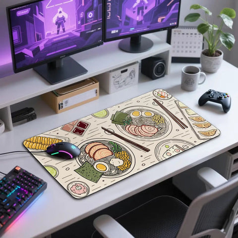 Japanese Ramen Themed XXL Gaming Mouse Pad 31.5 By 15.7 Inches With Illustrated Food Pattern on a desk setup with monitors