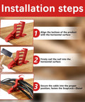Installation steps for 10 Pack Multi Cable Staples With Steel Nails, showing proper alignment and securing of power cords.