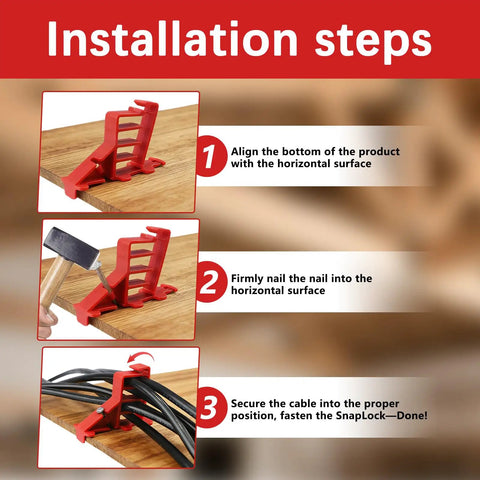 Installation steps for 10 Pack Multi Cable Staples With Steel Nails, showing proper alignment and securing of power cords.