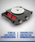 Industrial Grade Heavy Duty Machinery Mover Delivers 13000 Lb Capacity Featuring 360 Degree Swivel Polyurethane Rollers and Thickened Steel Base close-up view of castor assembly.