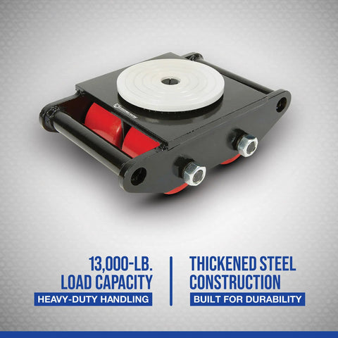 Industrial Grade Heavy Duty Machinery Mover Delivers 13000 Lb Capacity Featuring 360 Degree Swivel Polyurethane Rollers and Thickened Steel Base close-up view of castor assembly.