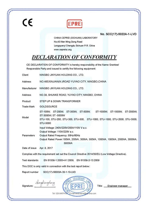 Declaration of Conformity for 1500W ST Pro Auto Step Up Step Down Voltage Transformer Converter