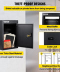 Tough As Nails Through The Wall Mail Drop Box with Adjustable Chute and Secure Code Lock, open to show interior and features, black.