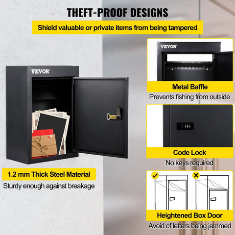Tough As Nails Through The Wall Mail Drop Box with Adjustable Chute and Secure Code Lock, open to show interior and features, black.