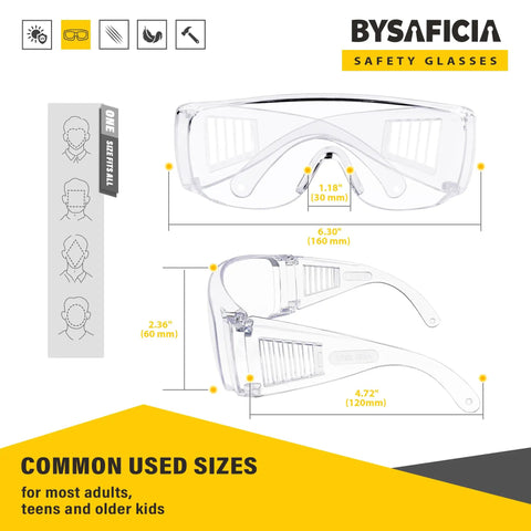 Illustration of Over Eyeglasses Safety Glasses With Anti Scratch Polycarbonate Lenses And Integrated Side Shields dimensions