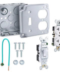 4x4 Inch 2 Gang Metal Electrical Box Switch And Outlet Combo Kit With 20 Amp Tamper Resistant Duplex Receptacle And 20 Amp Toggle Switch Combination Cover Grounding Wire And Pigtail Grounding