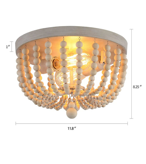 Boho Wood Bead Chandelier With Oak Finish Two Light Semi Flush Mount For Nursery Baby Room Kitchen And Hallway Natural Beaded Ceiling Fixture With Warm Ambient Lighting Cozy Farmhouse Vibe
