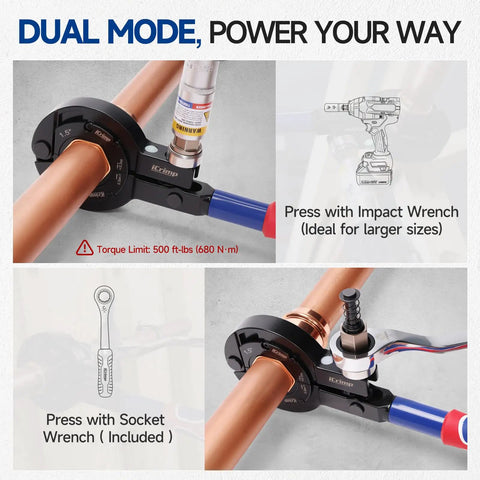 Heavy Duty Copper Pipe Press Tool For 1 Inch 1 25 And 1 5 Fittings with dual mode showing impact wrench and socket wrench usage.