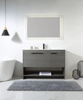 Slick 48 Inch Bathroom Vanity With Built In Sink And Modern Silhouettes Featuring Buttery Smooth Soft Close Doors and gray finish.