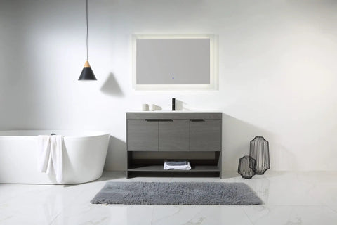 Slick 48 Inch Bathroom Vanity With Built In Sink And Modern Silhouettes Featuring Buttery Smooth Soft Close Doors and gray finish.