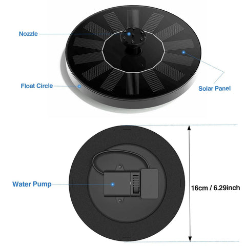 Floating Solar Fountain Pump For Bird Bath And Pond, Self Running 1.4W Solar Water Pump, black round pump with solar panel