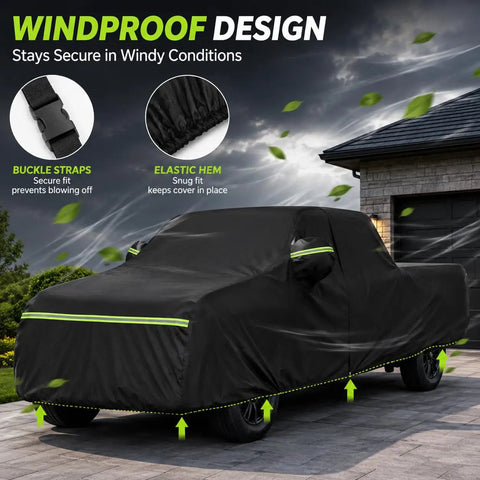 Hella Durable Oxford Pickup Truck Cover Compatible With Tesla Cybertruck 2024 Through 2026 displayed on truck in windy conditions.