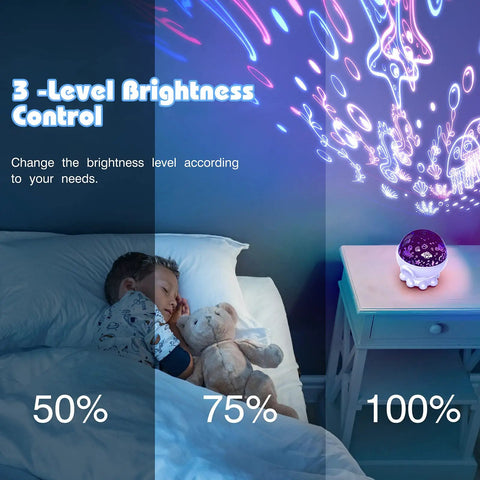 Kids Night Light With Remote And Timer, 360 Degree Rotation Projector With 3 Films next to sleeping child, showing brightness levels.