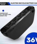 Heavy Duty Downtube Ebike Battery Case For Up To Ninety One 18650 Cells Diy Electric Bike Pack With Rock Solid Mechanical Lock And Thirty Six Volt Ready Setup For Daily Rides, side view showing charging port.