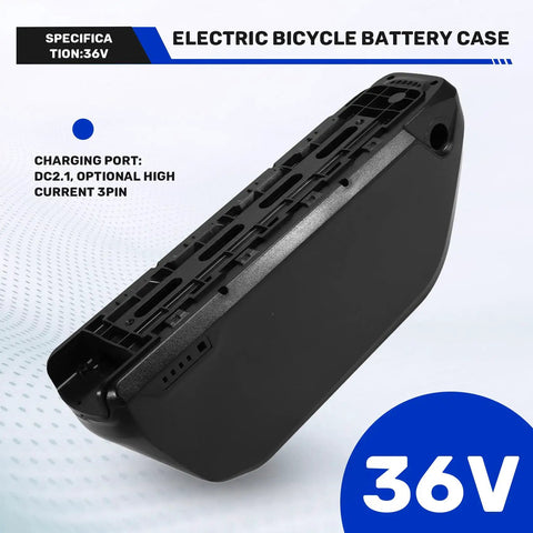 Heavy Duty Downtube Ebike Battery Case For Up To Ninety One 18650 Cells Diy Electric Bike Pack With Rock Solid Mechanical Lock And Thirty Six Volt Ready Setup For Daily Rides, side view showing charging port.