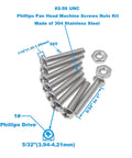 All In One 2 56 UNC Stainless Steel Phillips Pan Head Machine Screws And Nuts Assortment Kit, 220 Piece Set with size and measurements