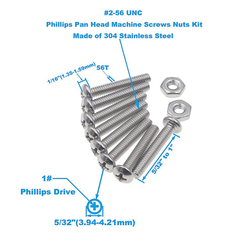 All In One 2 56 UNC Stainless Steel Phillips Pan Head Machine Screws And Nuts Assortment Kit, 220 Piece Set with size and measurements