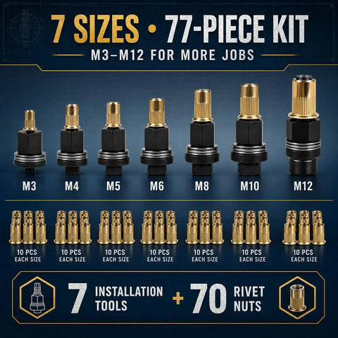 77-Piece Rivet Nut Installation Kit With Drill Adapters And Press-In Nuts, Seven Installers And 70 Nuts M3-M12, Pro Grade For Sheet Metal And Auto Repair, Manual Or Powered Nut Setter For Quick, Easy Riveting; seven M3-M12 adapters and 70 rivet nuts