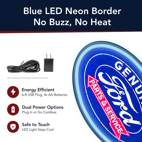 Blue LED neon rope wall sign, no buzz, USB or battery powered, energy efficient, retro Ford design for bars and man caves
