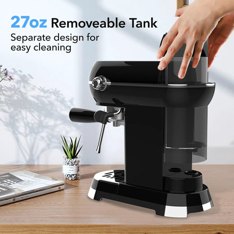 Compact Espresso Machine With 20 Bar Pressure And Built In Milk Frother, Features A Smart Digital Panel With Dead Simple One Touch Controls, Fast Heat Up Home Coffee Maker serving killer latte and cappuccino shots with removable 27oz tank for easy cleaning.