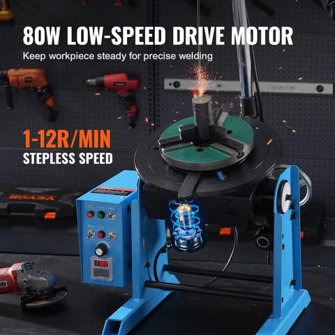 Rock Solid Tilting Welding Positioner With Heavy Duty Rotary Turntable And Knockout Variable Speed Motor showing 80W low-speed drive.