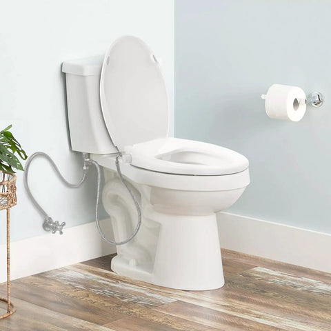 No Fuss Non Electric Elongated Bidet Toilet Seat With Dual Wash Arms And Adjustable Water Pressure installed on white toilet.