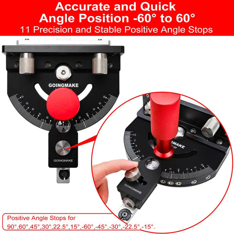 Close-up of Table Saw Miter Gauge with Micro Adjustable Flip Stop and Extendable Fence for Quick Angle Stops and Pro Grade Precision