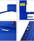 Rugged Bench Parts Cleaner With 14L Tank Capacity And 120V High Flow Pump showing blue cabinet, pull-out drawer, and control switch.