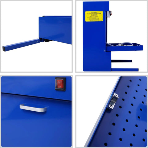 Rugged Bench Parts Cleaner With 14L Tank Capacity And 120V High Flow Pump showing blue cabinet, pull-out drawer, and control switch.