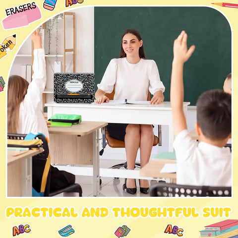 Teacher in classroom with Wooden Pencil Dispenser For Classroom And Home Office Holds Up To 200 Pencils Compact 9.5 By 6.7 By 5 Inches Desk Organizer