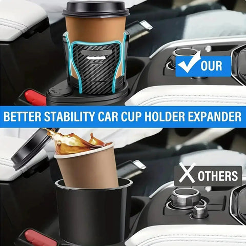 Dual Car Cup Holder Expander For Tesla Cybertruck with stable grip showing beverage and spill-proof design.