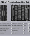 AXTH 128-in-1 precision screwdriver set; left: closed black cylindrical case, right: opened 173mm bit kit.