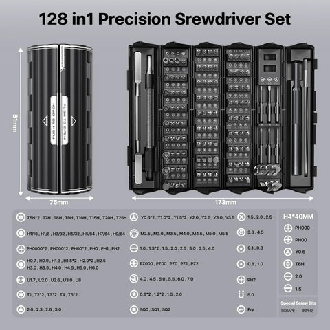 AXTH 128-in-1 precision screwdriver set; left: closed black cylindrical case, right: opened 173mm bit kit.