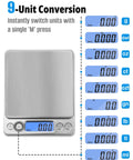 Grab-And-Go Pocket Size Digital Scale 500G 0.01G Precision With Two Trays Nine Units LCD Display Stainless Steel Platform shown