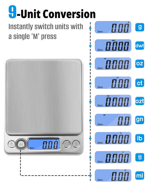 Grab-And-Go Pocket Size Digital Scale 500G 0.01G Precision With Two Trays Nine Units LCD Display Stainless Steel Platform shown