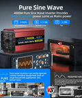 Heavy Duty Beast Mode Pure Sine Wave Power Inverter Converts 12 Volt To 120 Volt With 4000 Watt Continuous Output And 8000 Peak Watts For Rv Campers And Homes with digital display and appliances.