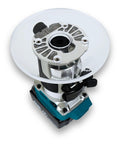 Top Shelf 6 Inch Round Router Base Plate For Makita Rt0701c And Xtr01z Compacts With No Sweat Pre Drilled Template In 3 8 Inch Thick Clear Cast Acrylic Pro Woodworking Gear Made In Usa mounted on compact router.