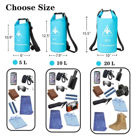 Dry Bag Waterproof Backpack Roll Top With Double Zipper Seal, 5L 10L 20L Sky Blue sizes with gear compatibility shown
