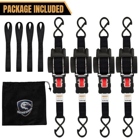 Beefy Heavy Duty Retractable Ratchet Straps 1 Inch By 12 Feet With 1760 Lbs Break Strength Cargo Securing System Black 4 Pack