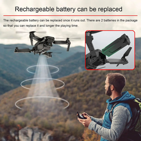 Mini Foldable Drone With Two 4K HD Cameras flying with a remote controller, showcasing replaceable battery feature, outdoors.