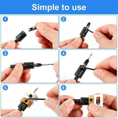 Six Piece Alloy Countersink Drill Bit Set With Depth Stop, step-by-step assembly guide for wood processing and carpentry.