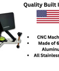 CNC aluminum leveling stand with Garmin R10, quality built in USA, showing leveling system and non-slip base.