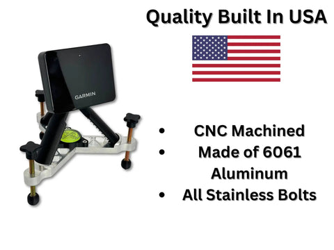 CNC aluminum leveling stand with Garmin R10, quality built in USA, showing leveling system and non-slip base.